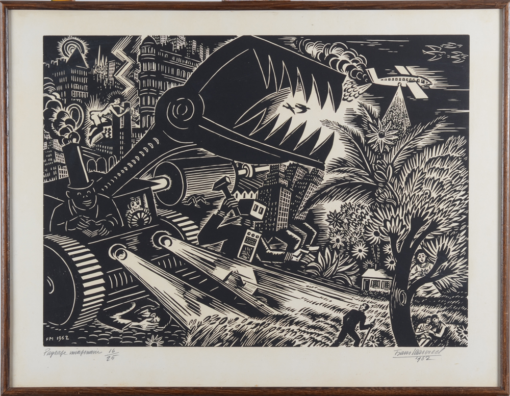 Frans Masereel — Gravure sur bois originale pratiquement surrealiste de Masereel, sur seulement 25 exemplaires