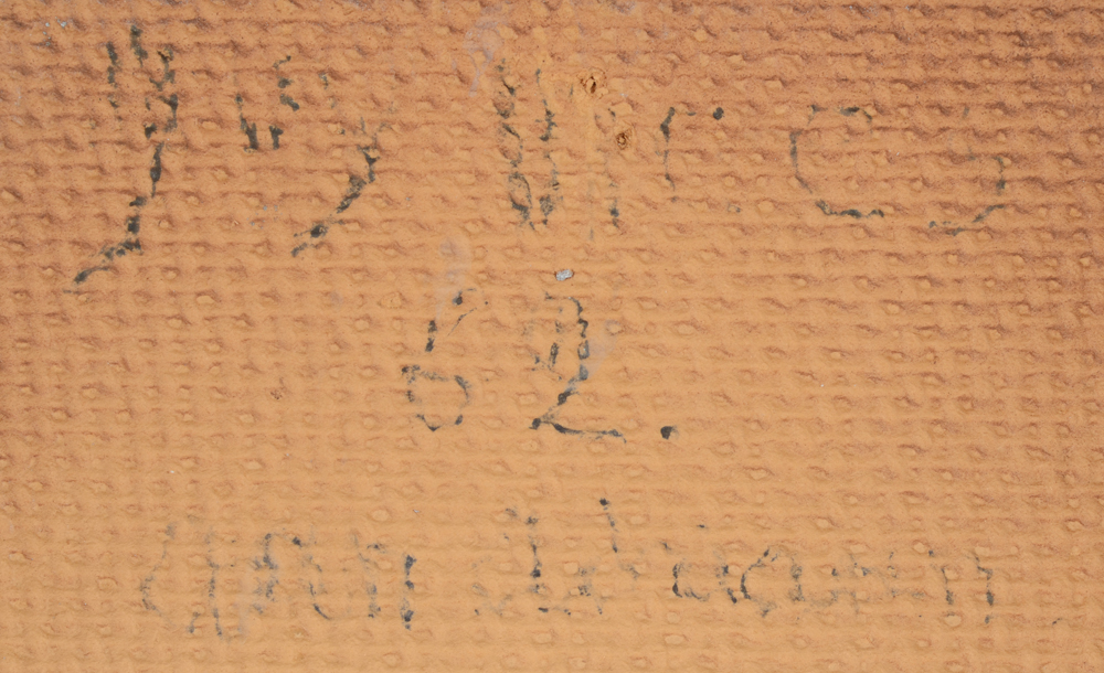 Guy Mees an extremely rare mixed media work with lace 1962 — Detail of the signature, date and dedication