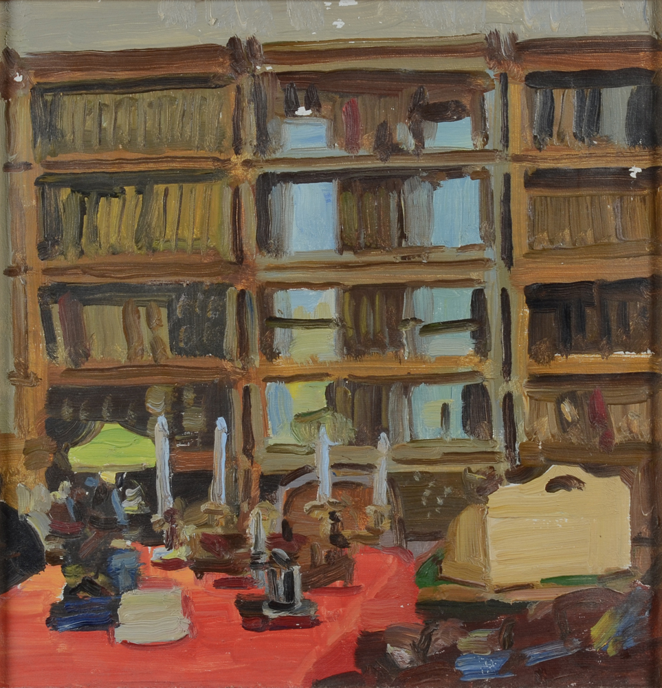 American School, the library, oil on board — Ecole américaine, probablement New York, intérieur d'une bibliothèque, huile sur toile (?) marouflé sur panneau d'isorel