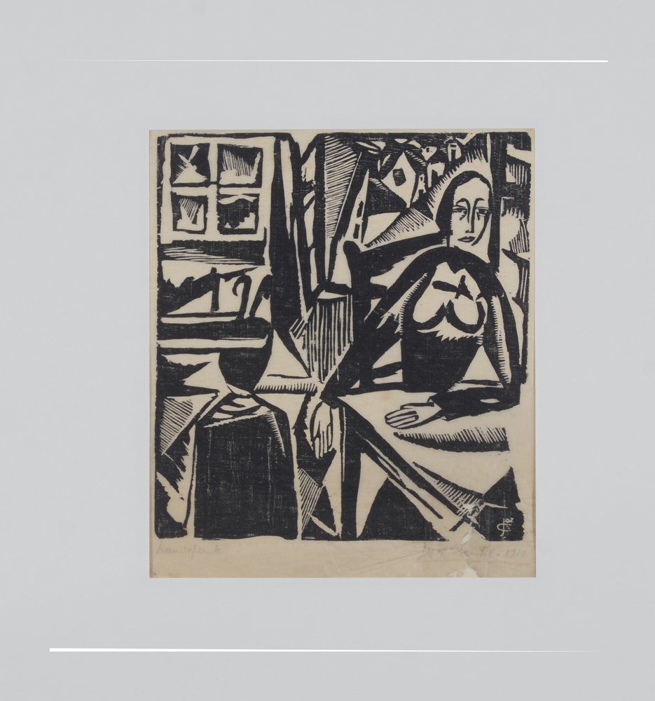 Jozef Cantré — Intérieur ou La Mère, grravure sur bois originale signée et datée 1920