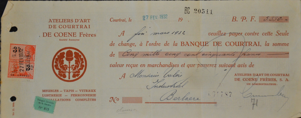 Ateliers d'Art de Courtrai De Coene Frères — Receipt by De Coene, dated 1932