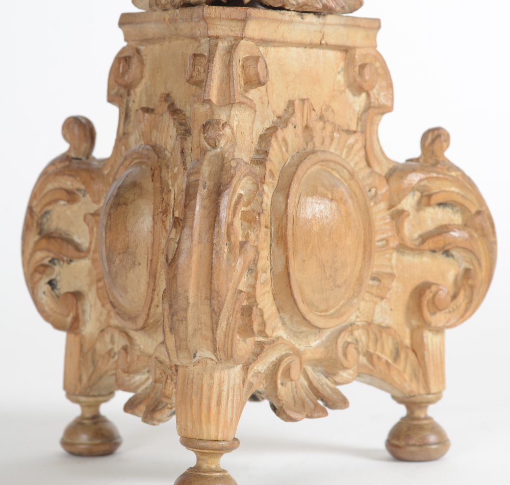 A very well carved decorative wooden pricket candlestick 18th century — Side view of the base