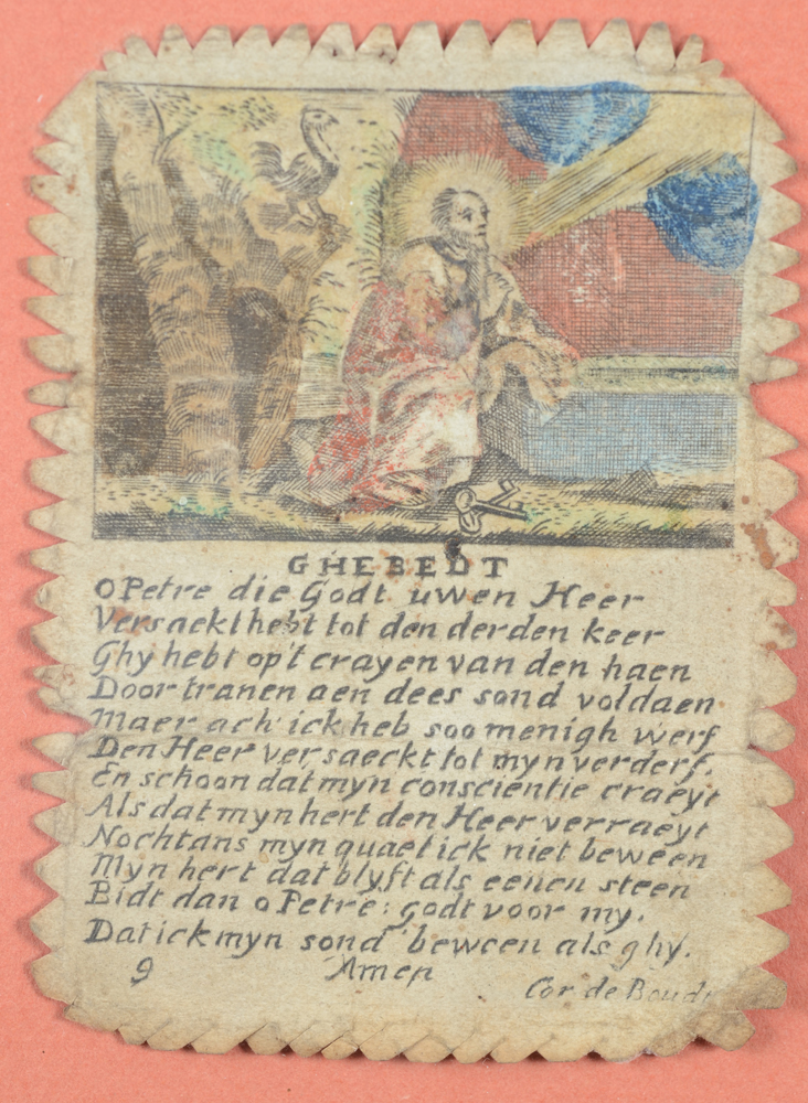 A frame with 7 devotional images — Prayer in Flemish devoted to St Peter