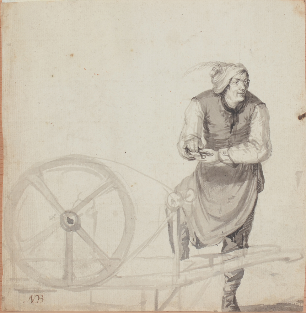 Nicolaes Berghem attributed — Dessin, lavis d'un rémouleur ambulant, portant un monogramme. Double face.