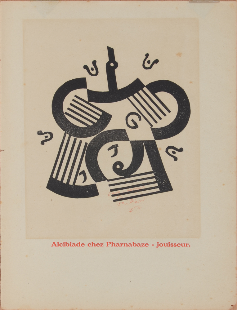Jean-Jacques Gailliard 'Alcibiade chez Pharnabaze - jouisseur'  — Linogravure (?) surréaliste par Gailliard, signée par l'artiste en encre rouge, titre imprimé en bas.