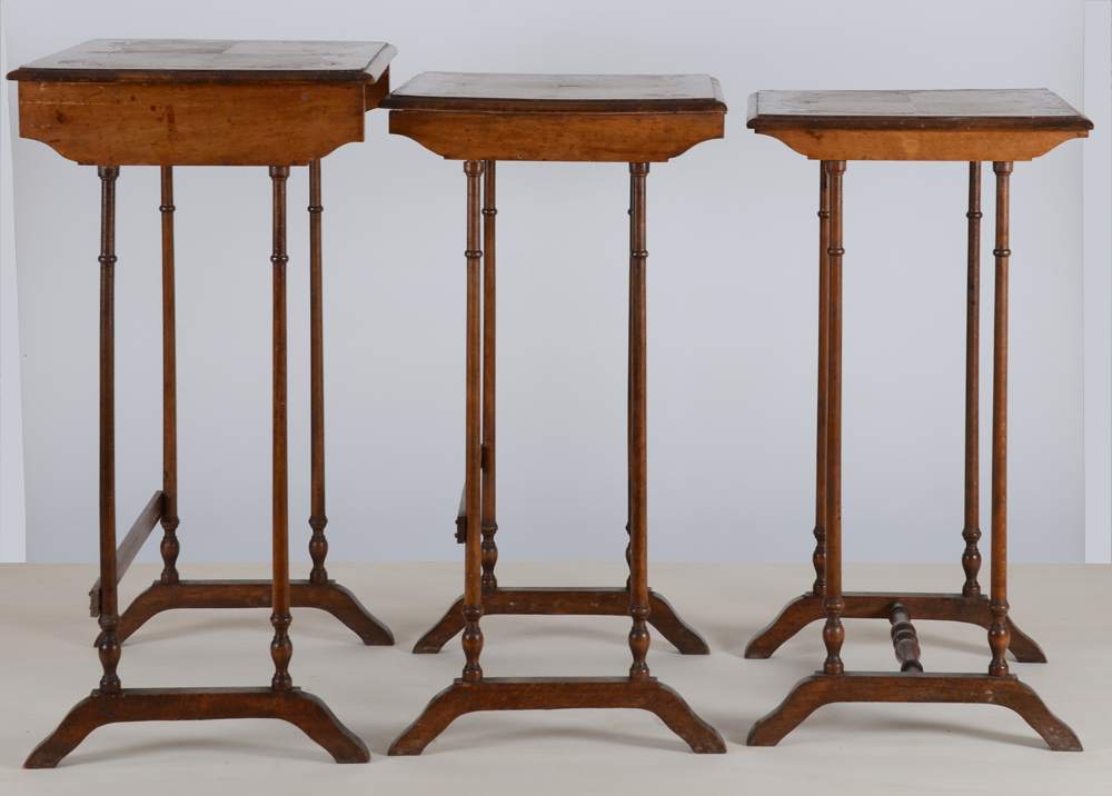 A nest of tables with marquetterie, France, ca. 1900 — side view