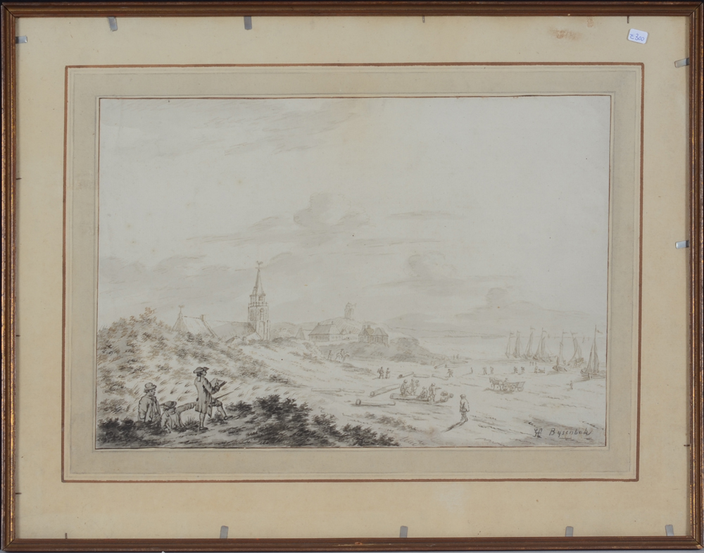 B. Ysenbeek Untitled  — Dessin à l'encre avec vue sur un village et un petit port. Signé et daté.&nbsp;