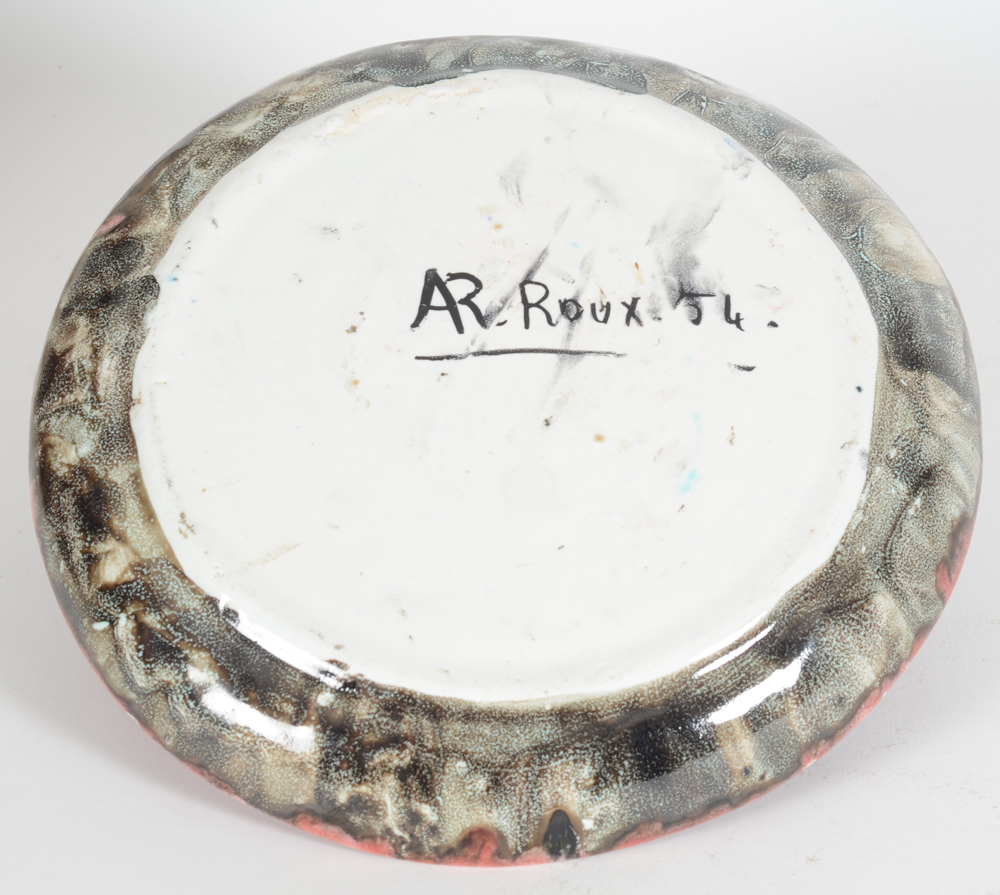 Arlette Roux, a decorative and large plate, signed and dated 1954 — Back of the plate