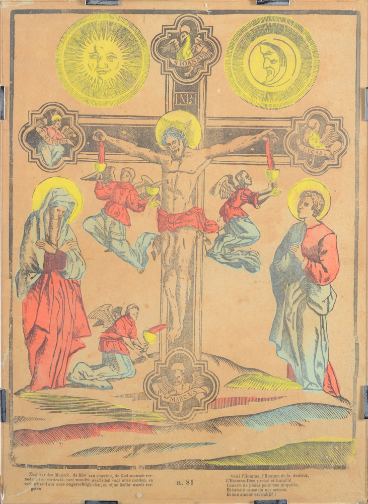 folk art: Image d'Epinal Christ on the cross — Image d'Epinal, Christ sur la croix, imprimé pour le marché belge