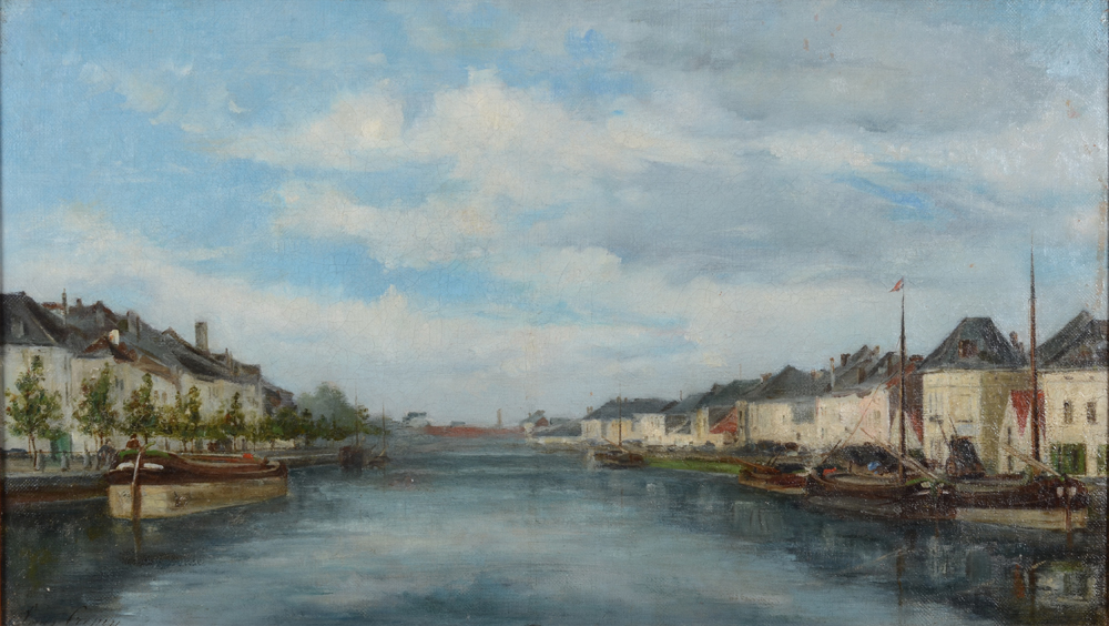 Louis Crepin — Vue d'un canal à Bruxelles, rare huile sur toile signée