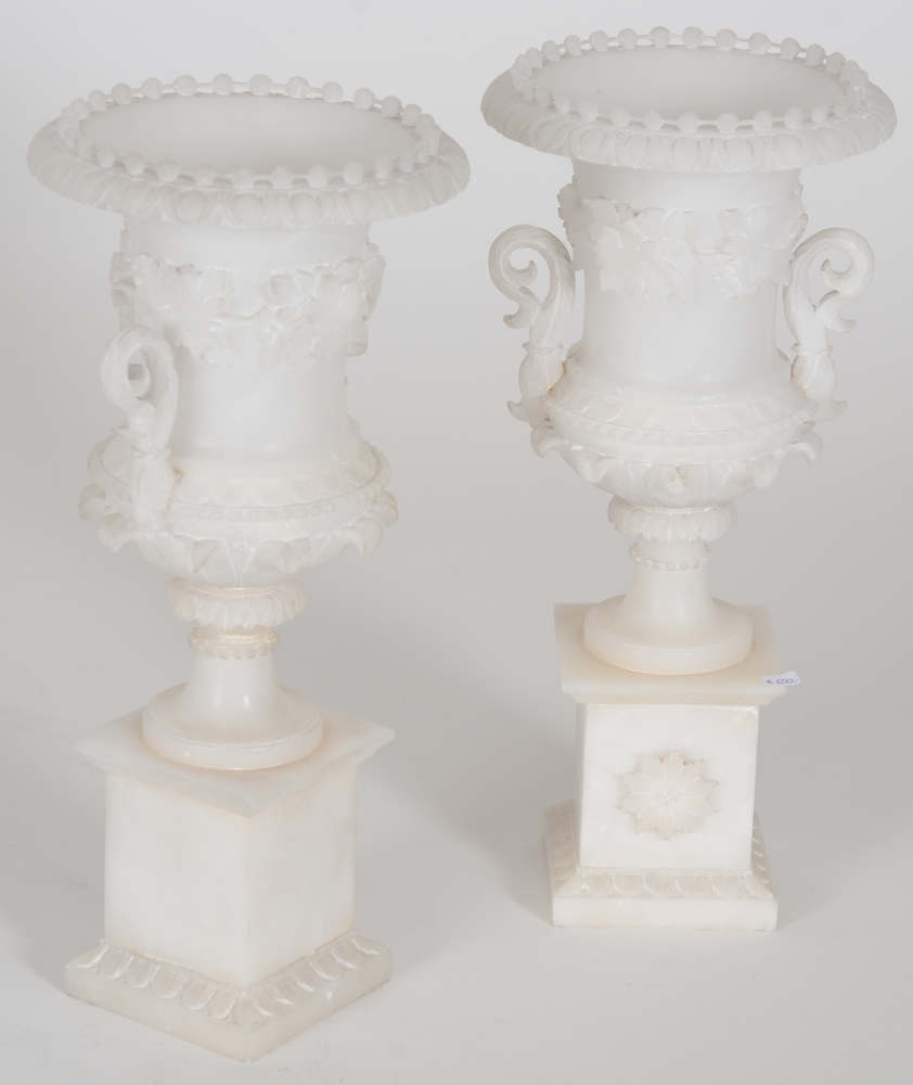 a pair of fine alabaster Medici-shaped vases, ca. 1870 — An alternate view of the pair