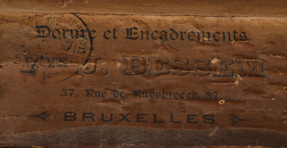 Amédée Degreef — Label of the framemaker Vve J. Bessem Bruxelles at the back of the frame