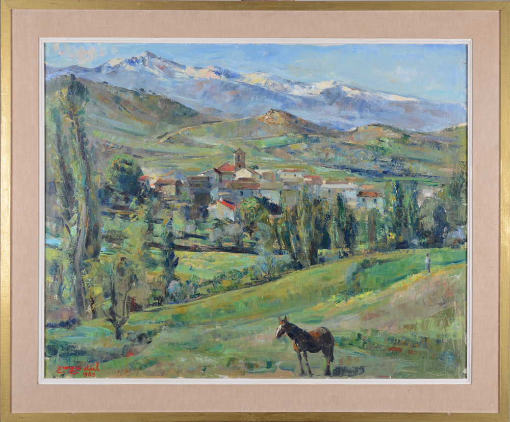 Georges Steel, a panoramic view of Béas de Granada, oil on canvas — The painting in its original frame