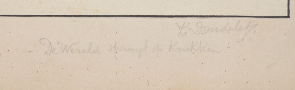 Charles Doudelet 'De wereld springt op krukken' drawing, signature  — Signature of the artist and title written underneath the drawing in pencil. Signed as K. Doudelet.
