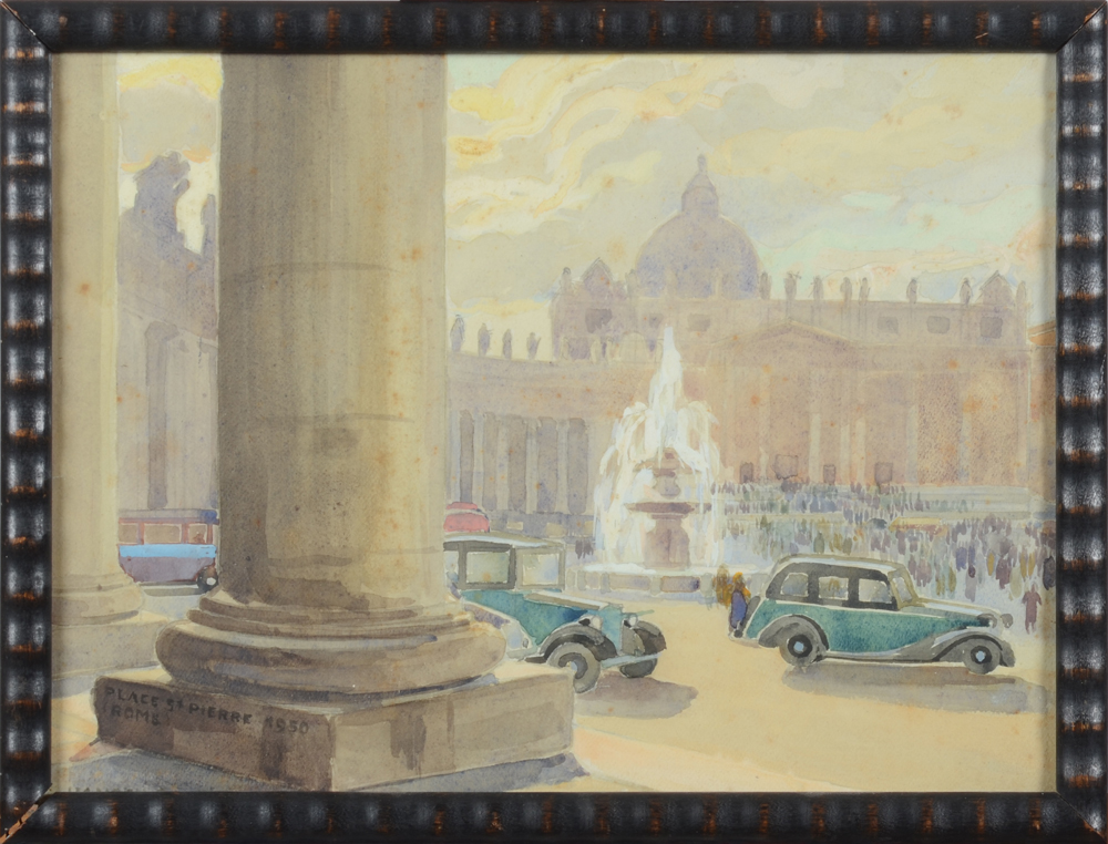 Gilbert Hansen 'Place St. Pierre Rome' watercolour from 1950 — Aquarelle sur papier de 1950, vue sur la Place St. Pierre à Rome. Signée, datée et localisée par l'artiste. Encadrée.