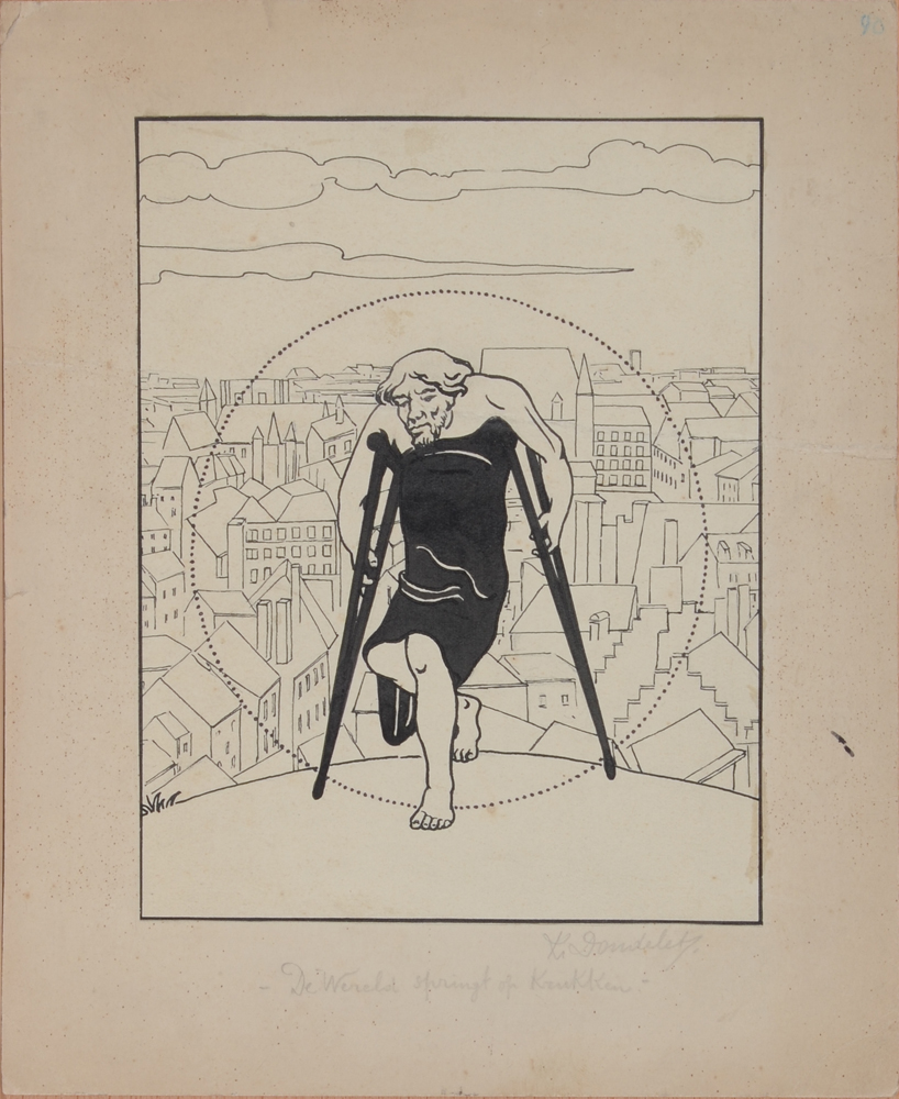 Charles Doudelet 'De wereld springt op krukken' drawing  — Ancien proverbe flamand, interprêté par Doudelet, dessin à l'encre de chine.<br>