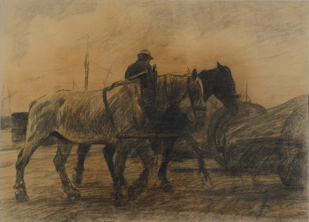 Jean Delvin — Dessin original figurant les chevaux du port d'Anvers, certifié par Emile Claus et Rodolphe De Saegher