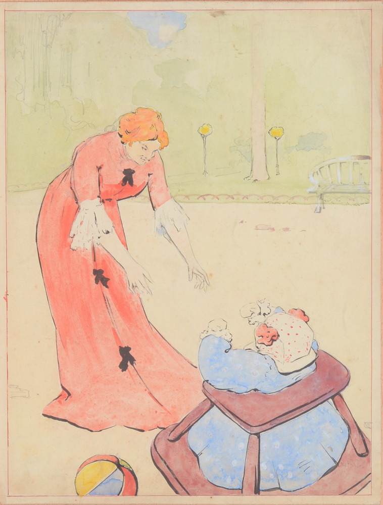 Unknown French or Belgian artist — Dessin à l'encre et aquarelle, d'une femme et un enfant. non signé ou daté