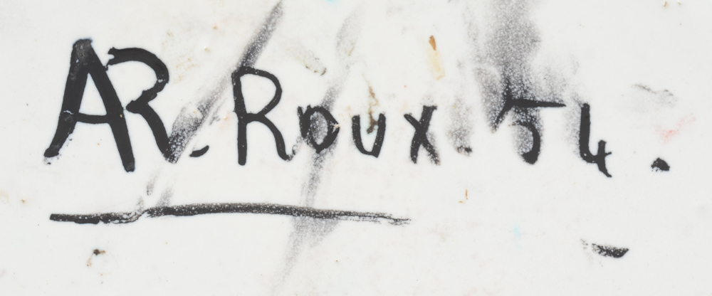 Arlette Roux, a decorative and large plate, signed and dated 1954 — Signature of the artist and date on the bottom of the piece