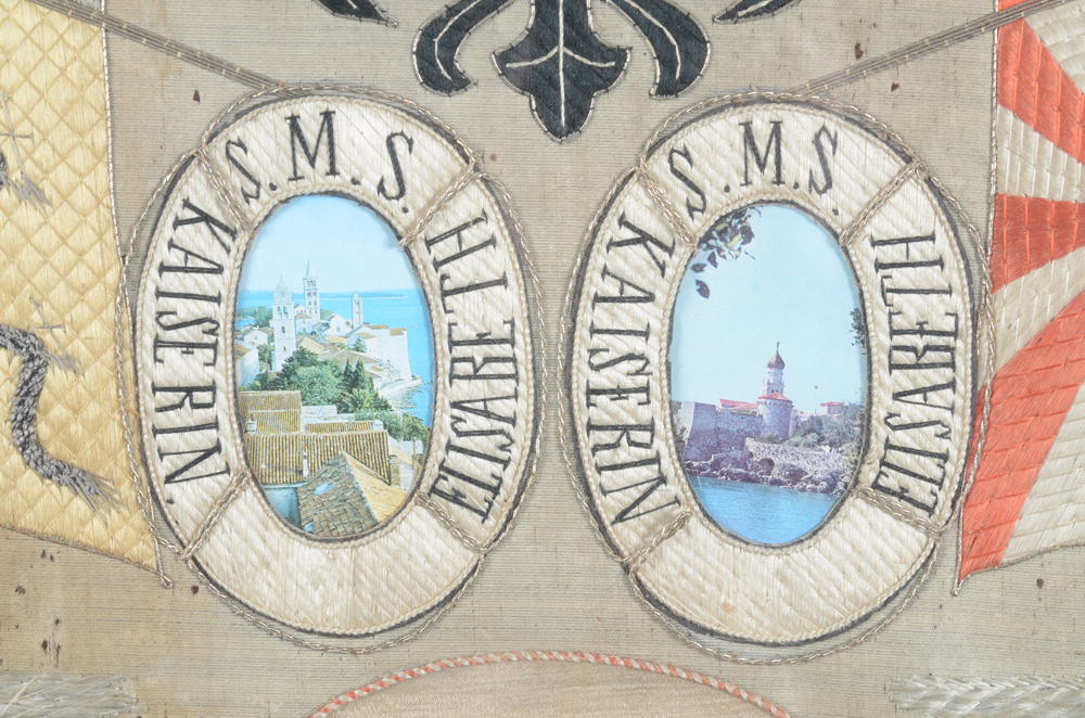Commemorative needlework for the warship Kaiserin Elisabeth — Detail of the postcards worked into the needlwork