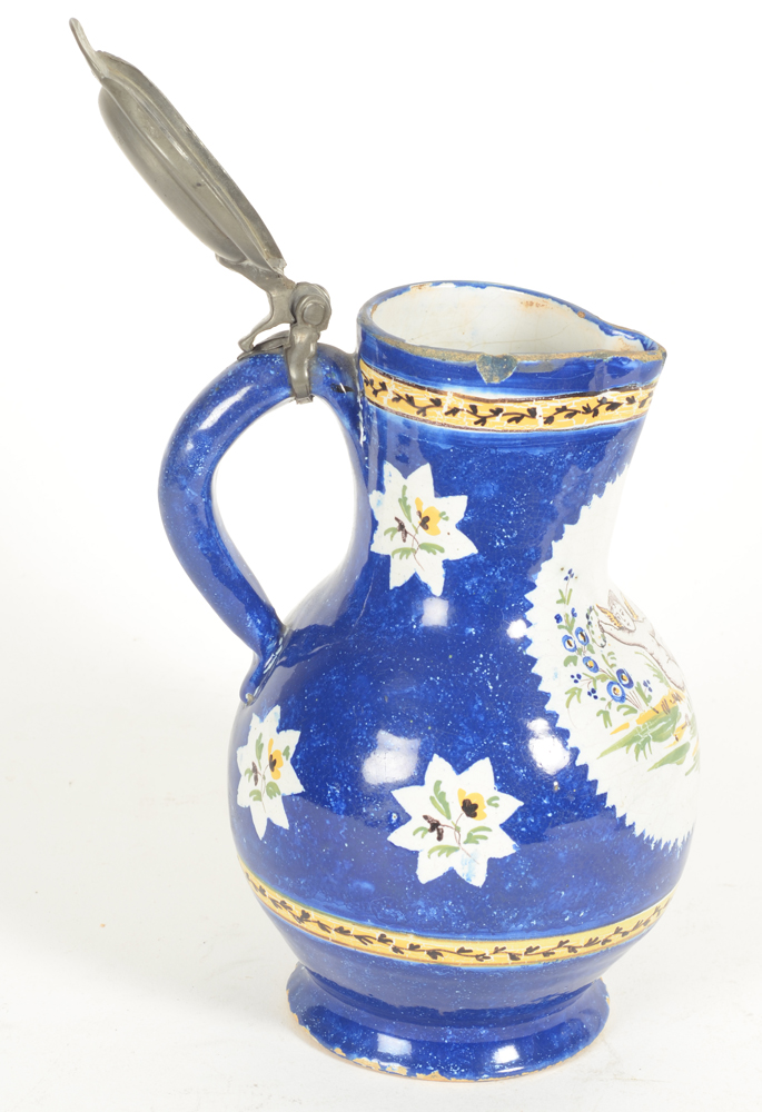 Old Brussels ceramic Angel beer pitcher — the pitcher with the original pewter lid open