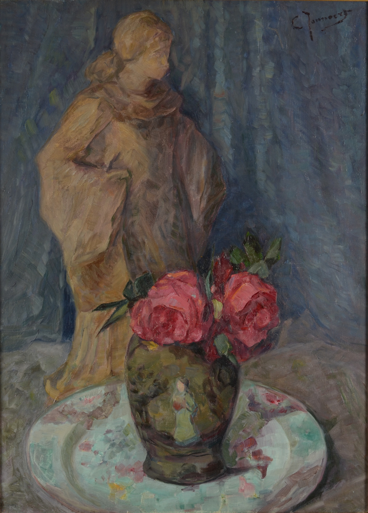 Clémence or Clementine Jonnaert  — Vue de l'intérieur de l'artiste avec une sculpture de Léon Sarteel et des porcelaines