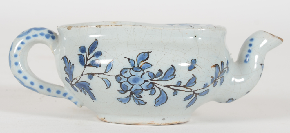 A ceramic pap boat or canard de malade, Nevers (France), early 19th century — Side view