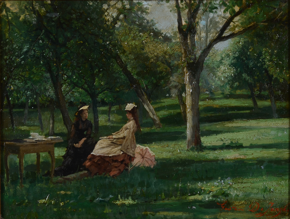 Gustave De Jonghe — Le Picknick, huile sur carton, signée en bas à droite