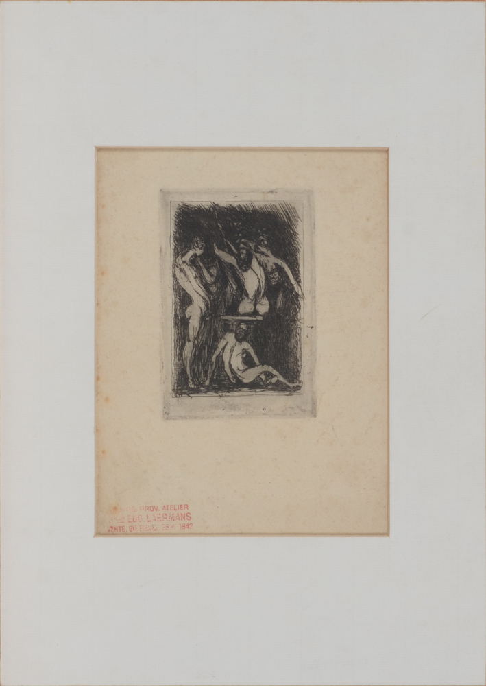 Eugène Laermans Untitled etching of a group of men — Eau-forte avec passe-partout, Signée avec une estampe. Pas datée.