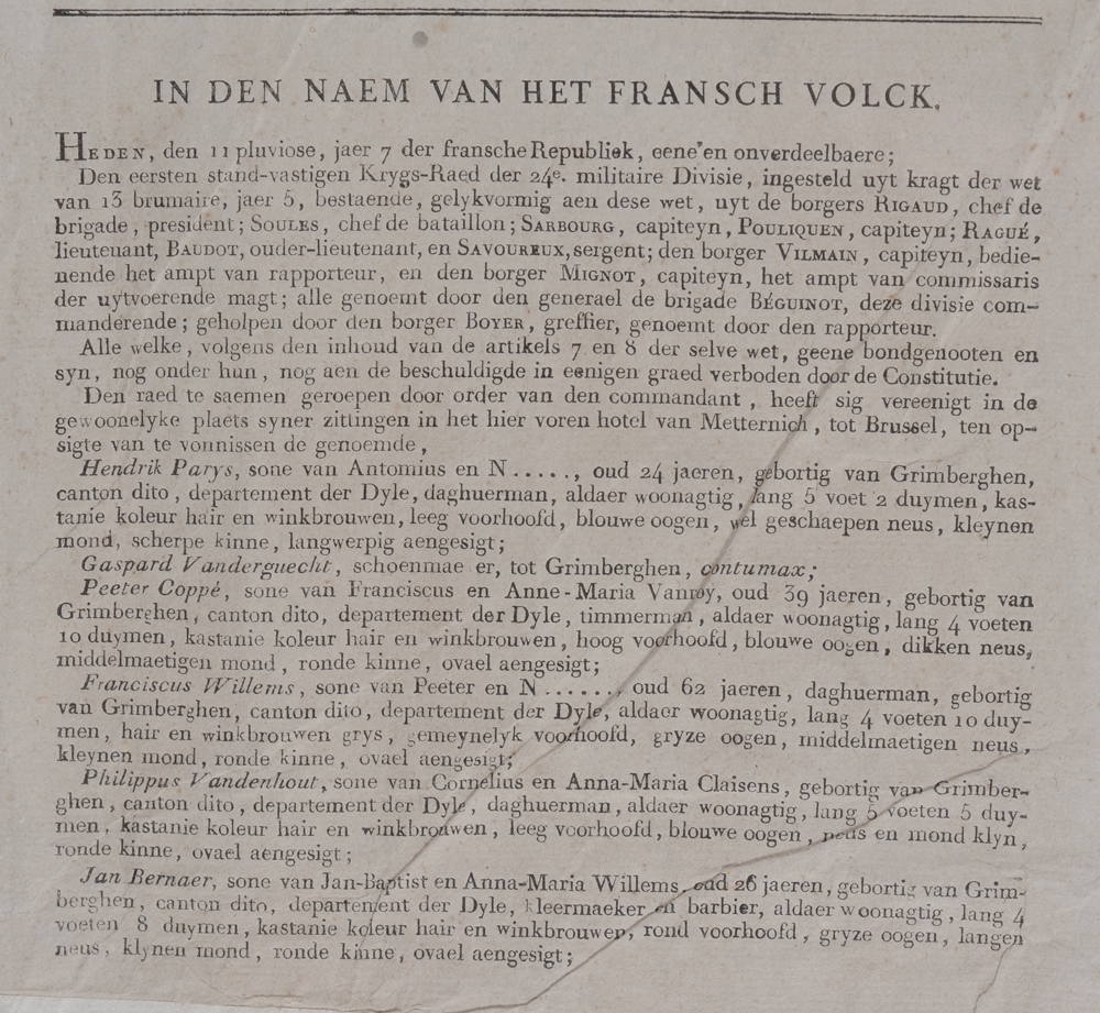 Poster French Republic 1798, dyle departement — Detail of death sentences for men of Grimbergen