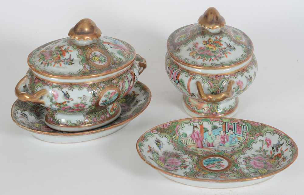 Two oval Canton famille rose tureens on saucers — Side view