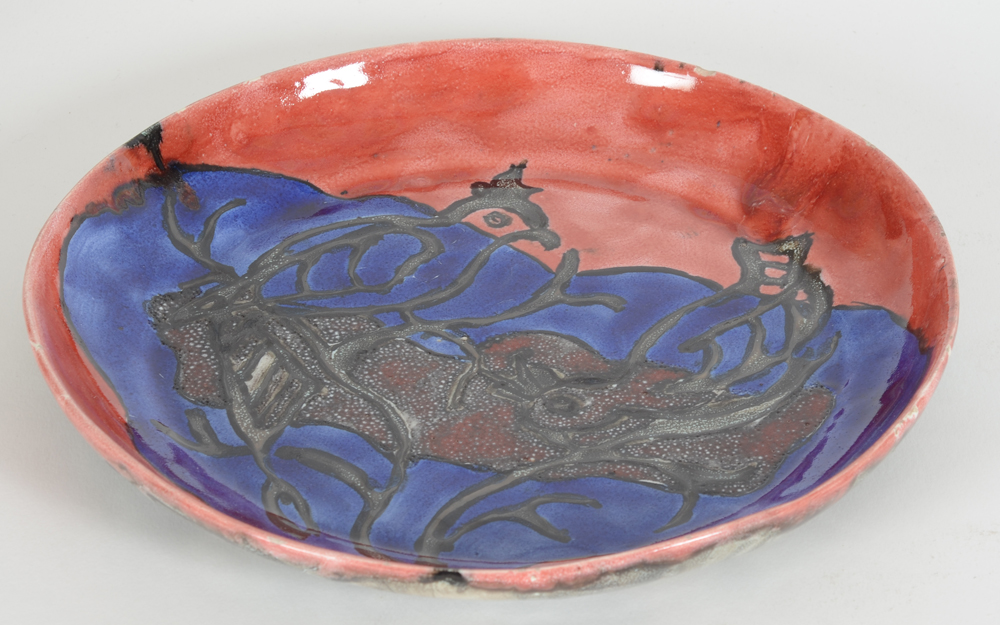 Arlette Roux, a decorative and large plate, signed and dated 1954 — alternate view, flat