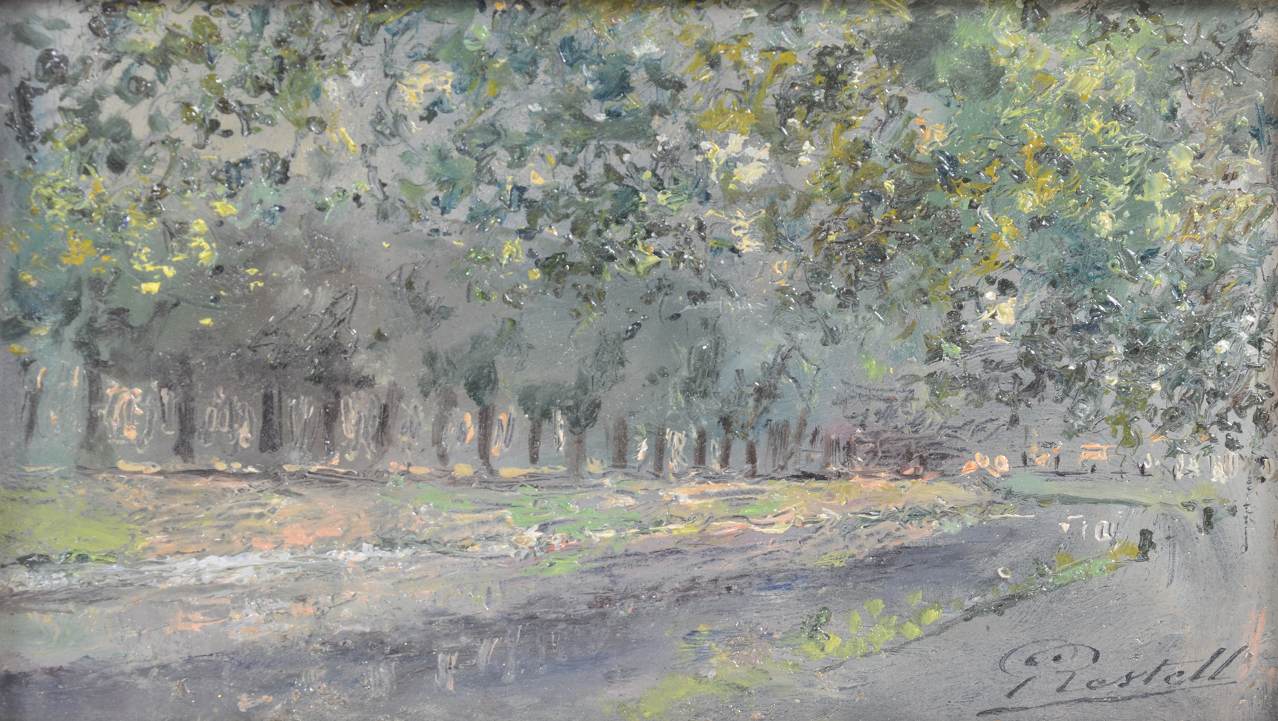 Restell_Gaston_Laurent_view_of_the_coupure — <p>Vue de la Coupure à Gand, en été, huile sur carton, signée en bas à droite</p>