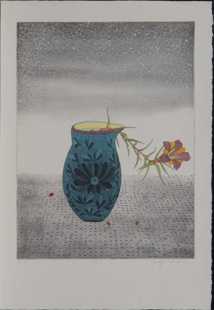 Jürgen Schneider Flower in vase — Très belle eau-forte, colorié à la main par l'artiste, signée et justifiée