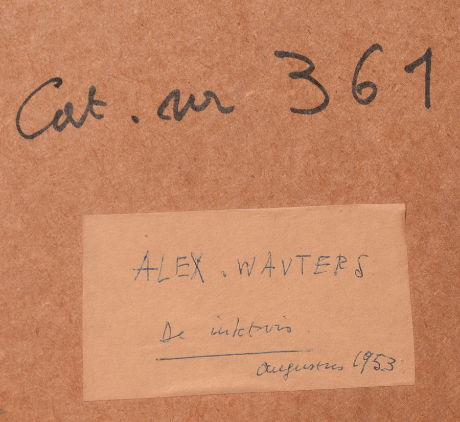 Alex Wauters — Label at the back of the work with title and date and reference to the catalogue raisonné on the artist