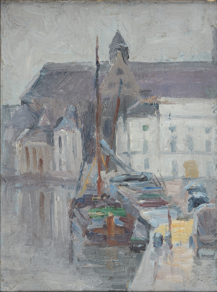Georges Buysse — Vue sur le Quai aux Grains (l'ancien port de Gand), l'église St-Michel dans le fond, rare étude, huile sur panneau, signée