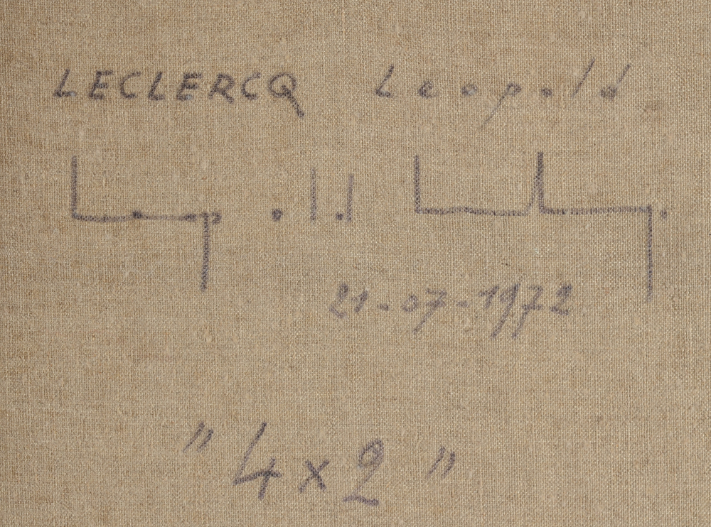 Léopold Leclercq '4 x 2' painting with collage 1972 — Signature of the artist together with the date and title written by the artist on the back.