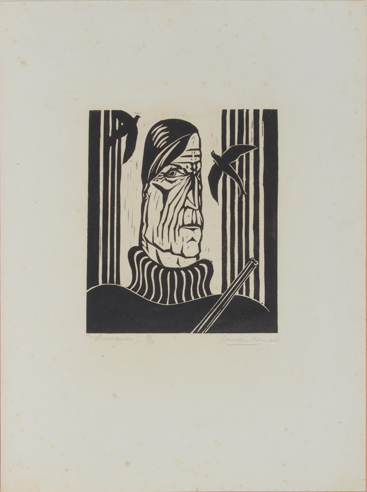 Jan Mulder  — Le Braconnier, linogravure expressioniste originale, signée et datée 1928. Editée sur seulement 30 exemplaires