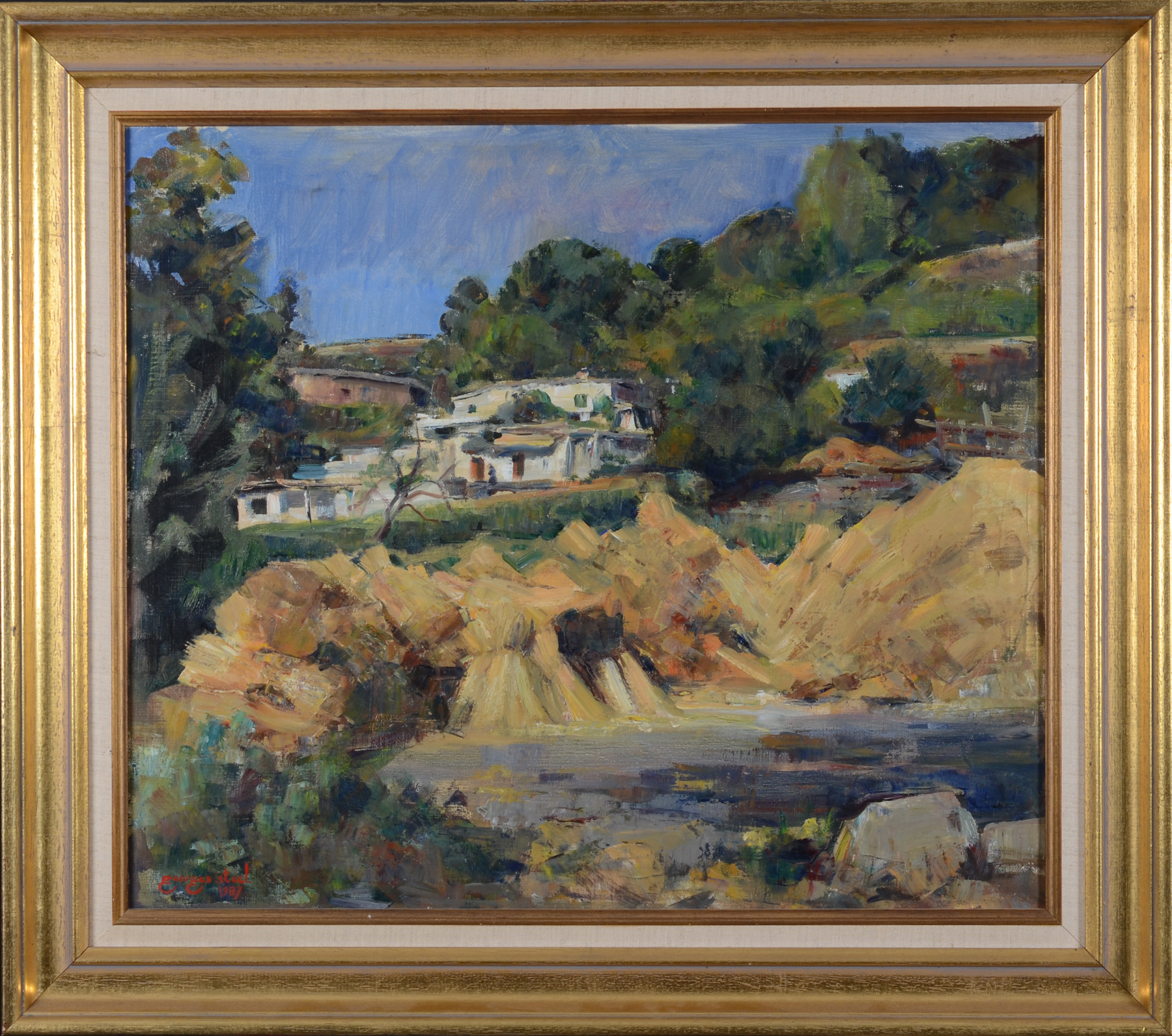 Georges Steel, the white house in the Spanish hills, oil on canvas, 1987. — <p>The painting in its frame</p>