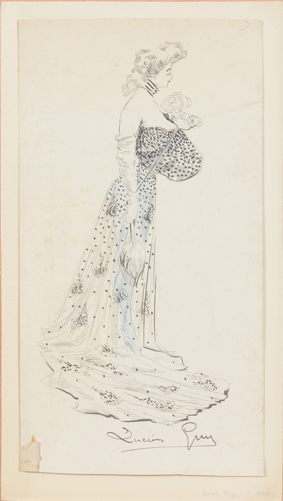 Lucien Guy lady in evening dress — Dessin à l'encre de chine, d'une femme en tenue de soirée, (dessin de mode?). Signé par l'artist