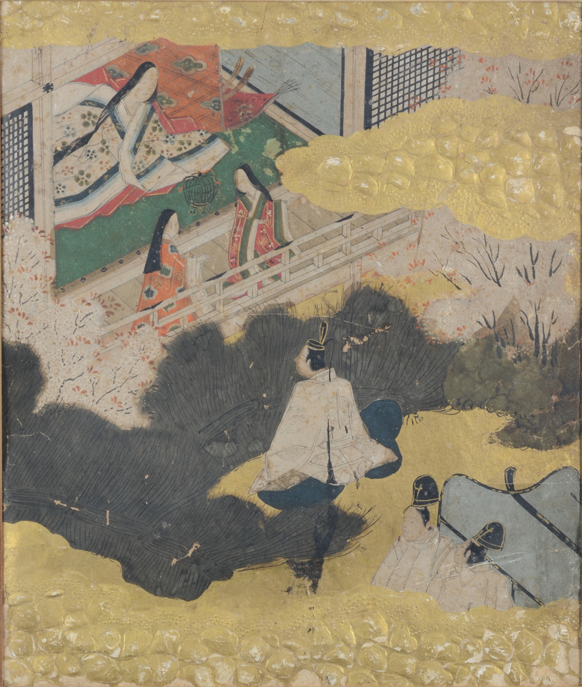 A pair of frames with each three Japanese paintings of court scenes, by an unknown artist, 19th cent — the middle panel of the second frame