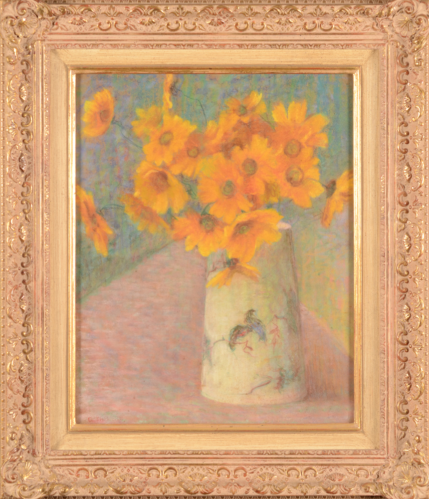 Carolus Tremerie — Pastel, fleurs jaunes dans une cruche oriental, signé au cachet (provenance: famille de l'artiste)