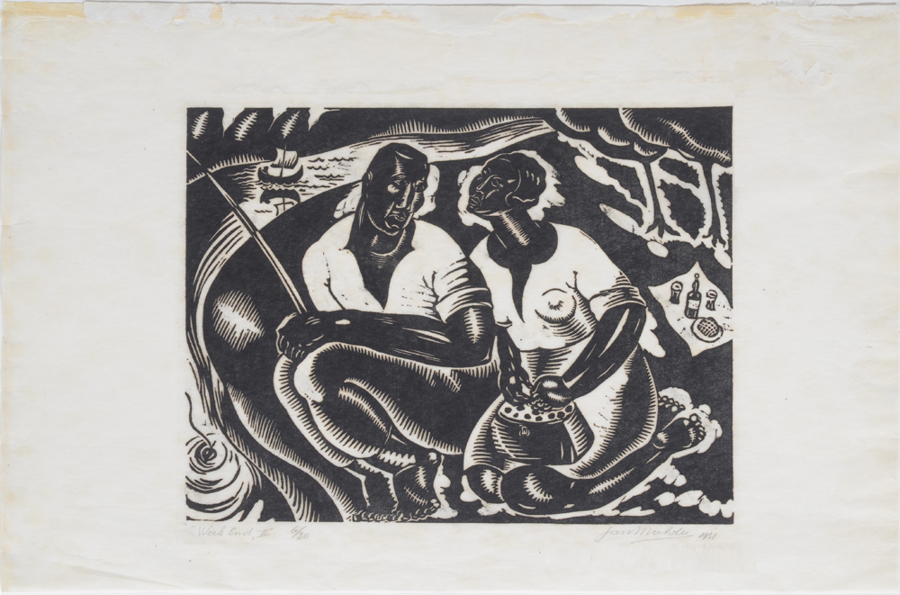 Jan Mulder Week-End II Linocut 1931 — Linogravure expressioniste de Jan Mulder, signée et datée par l'artiste. Titre et justification aussi présents.