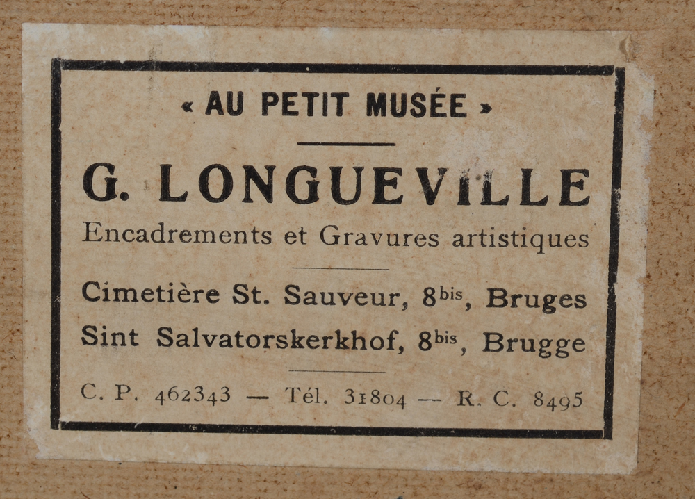Jules De Bruycker — Label of the Bruges framer and gallery owner G. Longueville at the back