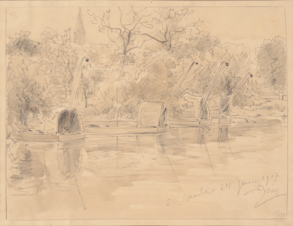 Armand Heins — Dessin de 1917, vue de la Lys avec des pêcheurs d'anguilles