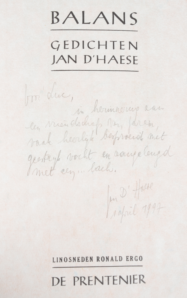 Roland Ergo (illustrator) - Jan D'Haese (Poet), Balans, a rare illustrated book, 1997 — Title page with dedication in pencil by the poet