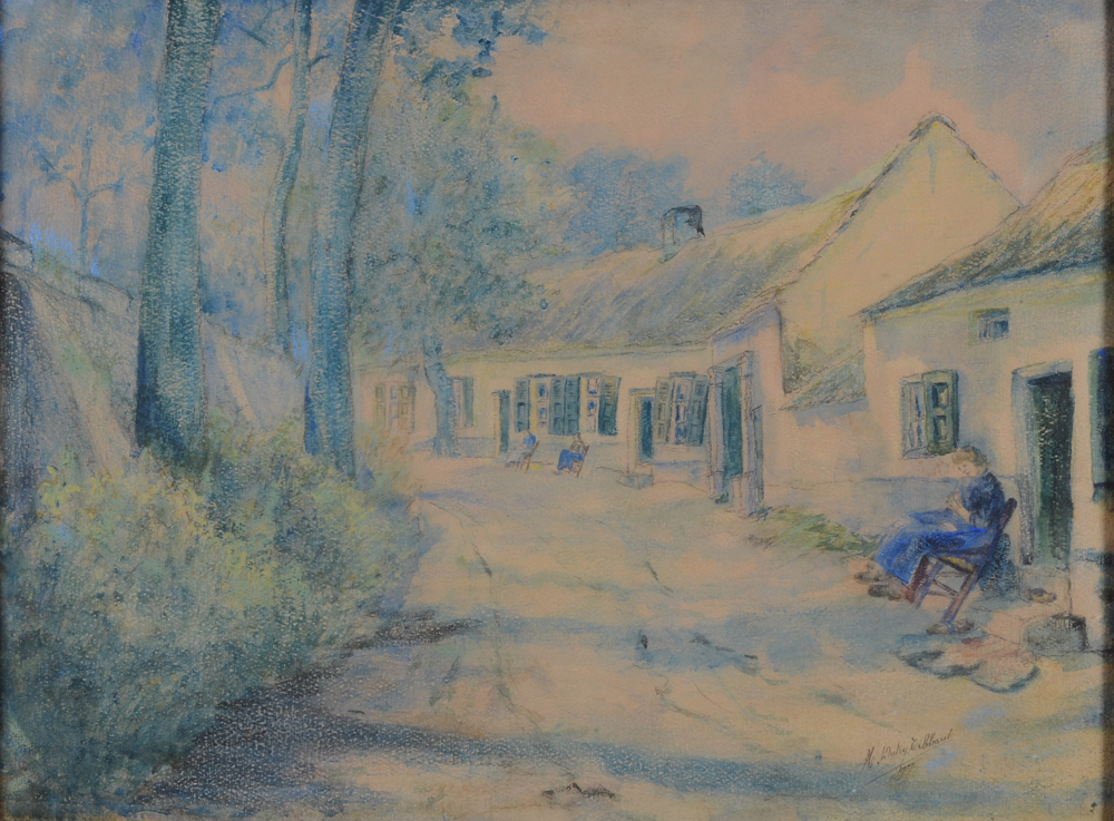 Marie Dutry-Tibbaut — Aquarelle de grand format, la rue du village pendant la guerre, signée et datée 1917