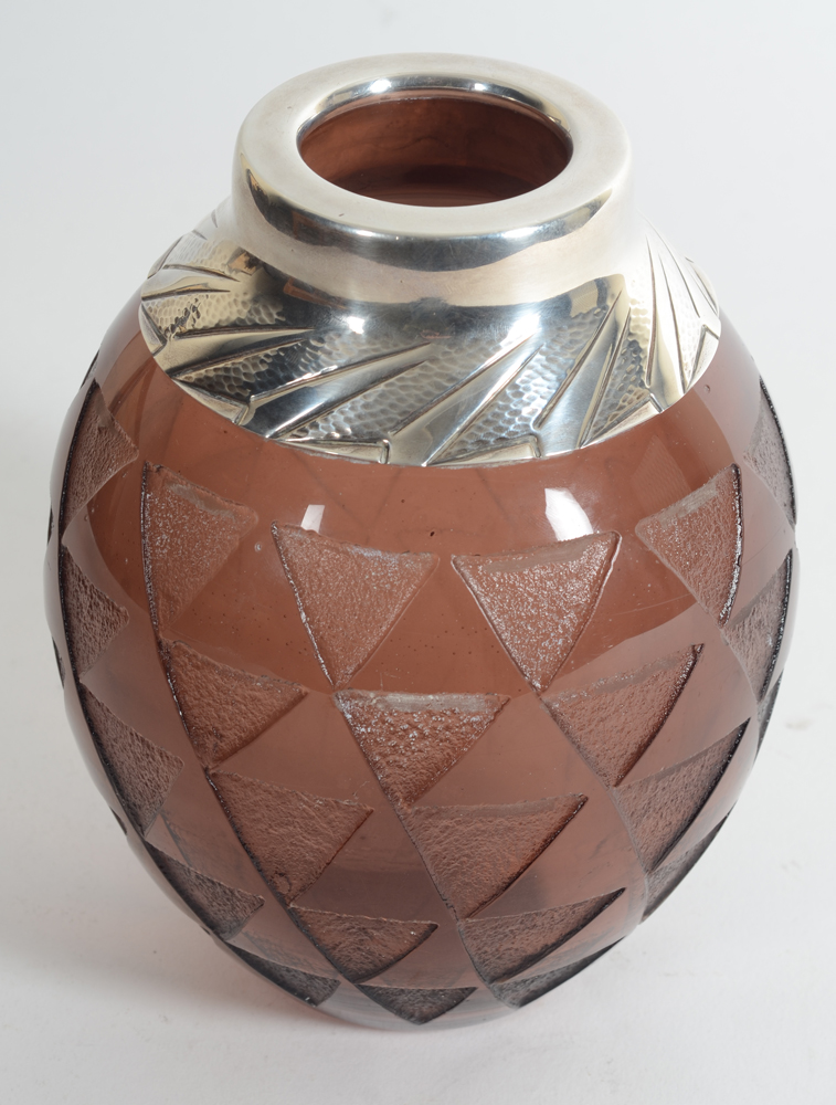 Delheid Frères and Degué an africanist acid etched glass and silver vase 1930s — View from above