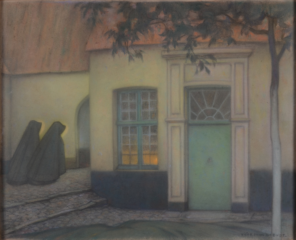 Victor Frans De Budt — Grand pastel symboliste du beguinage de Bruges, signé