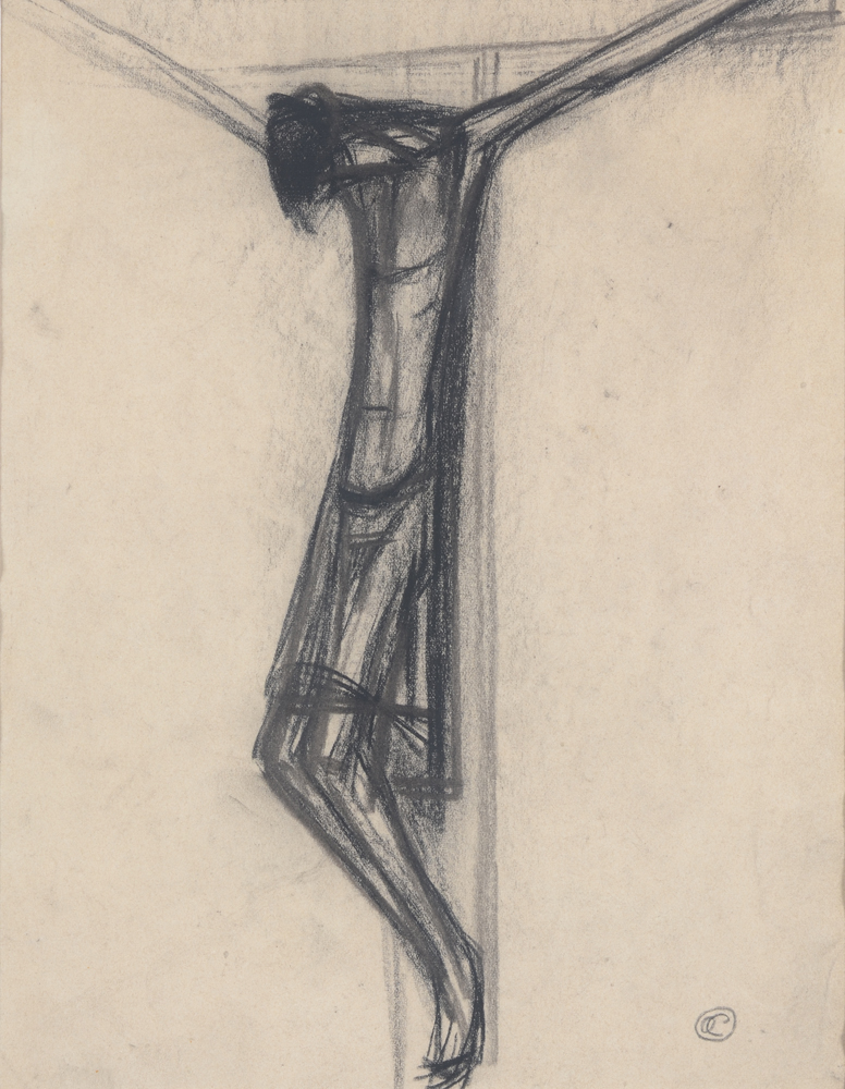 Oscar Colbrandt — Christ sur la croix, fusain sur papier, signé avec le monogramme.